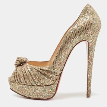 Pre Owned Christian Louboutin Gold Knotted Lurex Fabric Lady Gres Pumps Size 39