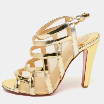 Pre Owned Christian Louboutin Gold Leather and Mesh Nicole K Sandals Size 38