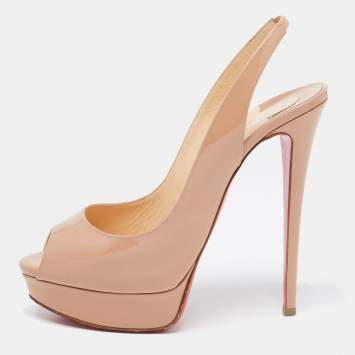 Pre Owned Christian Louboutin Beige Patent Lady Peep Sling Pumps Size 40
