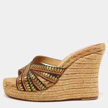 Pre Owned Christian Louboutin Tricolor Lace Espadrille Wedge Slide Sandals Size 37