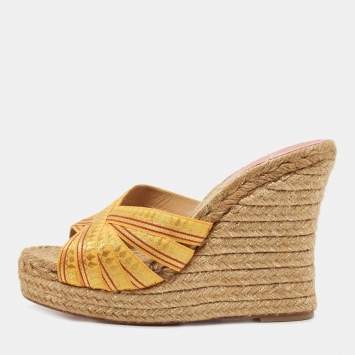 Pre Owned Christian Louboutin Yellow/Gold Lace Espadrille Wedge Slide Sandals Size 37
