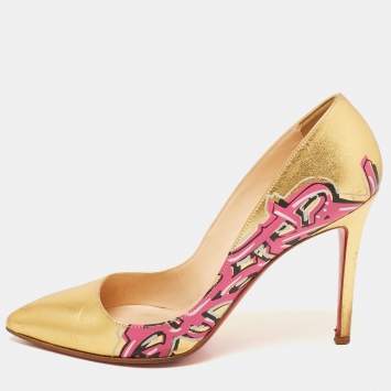 Pre Owned Christian Louboutin Gold Leather Pigalle Graffiti Pumps Size 37.5