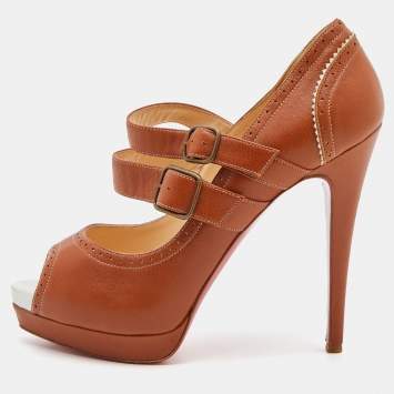 Pre Owned Christian Louboutin Tan Leather Luly Mary Jane Pumps Size 38