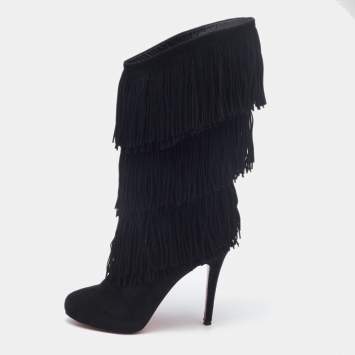Pre Owned Christian Louboutin Black Suede Fringe Calf Length Boots Size 39