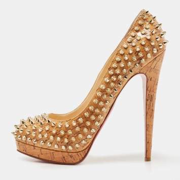 Pre Owned Christian Louboutin Tan Cork Alti Spike Platform Pumps Size 41