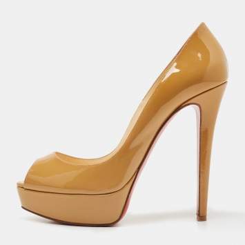 Pre Owned Christian Louboutin Beige Patent Leather Lady Peep Platform Pumps Size 39.5