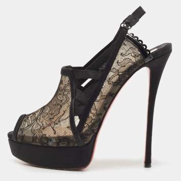 Pre Owned Christian Louboutin Black Lace and Satin Chantilly Guiptik Slingback Pumps Size 39
