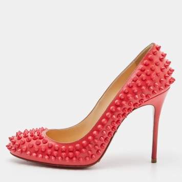 Pre Owned Christian Louboutin Coral Pink Patent Leather Fifi Spikes Pumps Size 36.5