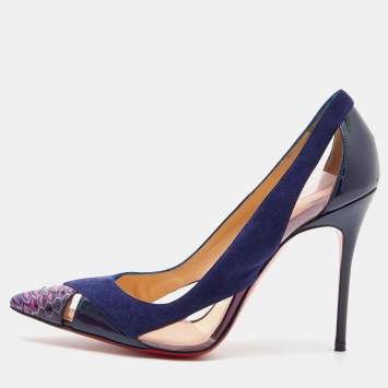 Pre Owned Christian Louboutin Blue Suede ,Patent and Python Leather Galata Pointed Toe Cutout Pumps Size 36