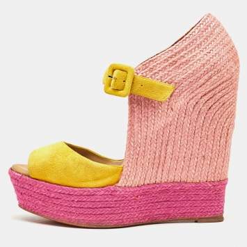 Pre Owned Christian Louboutin Yellow/Pink Suede Praia Wedge Sandals Size 40