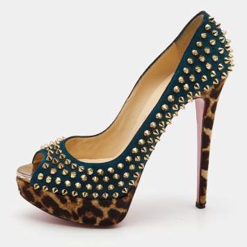 Pre Owned Christian Louboutin Teal Green Suede Lady Peep Spikes Pumps Size 39.5