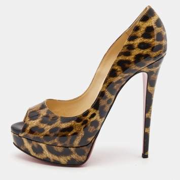 Pre Owned Christian Louboutin Brown/Black Leopard Print Patent Leather Lady Peep Pumps Size 40