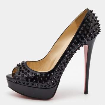 Pre Owned Christian Louboutin Black Patent Leather Lady Peep Spikes Pumps Size 40
