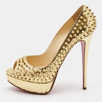 Pre Owned Christian Louboutin Gold Python Embossed Leather Lady Peep Spikes Pumps Size 40