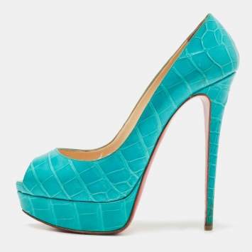 Pre Owned Christian Louboutin Turquoise Crocodile Leather Lady Peep Pumps Size 40