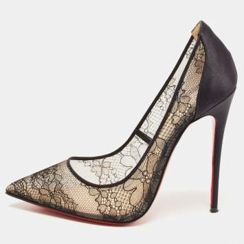 Pre Owned Christian Louboutin Black Satin and Lace Follies Pumps Size 37