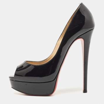 Pre Owned Christian Louboutin Black Patent Leather Lady Peep Pumps Size 37.5