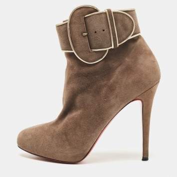 Pre Owned Christian Louboutin Brown Suede Trottinette Ankle Booties Size 39.5