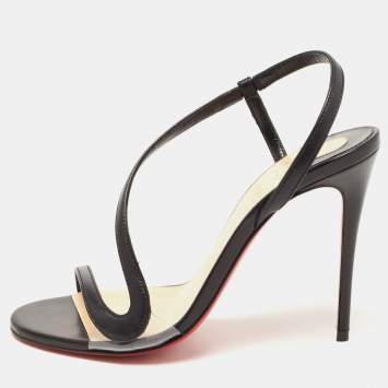 Pre Owned Christian Louboutin Black Leather and PVC Rosalie Ankle Strap Sandals Size 35