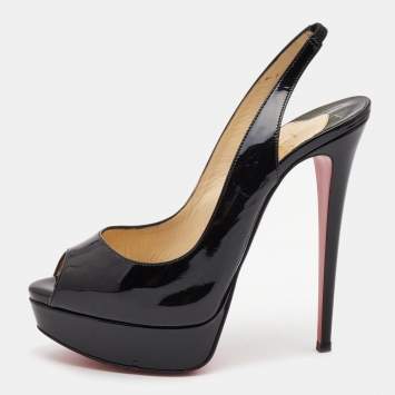 Pre Owned Christian Louboutin Black Patent Lady Peep Sling Pumps Size 38