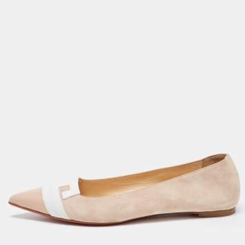 Pre Owned Christian Louboutin Light Pink/White Suede and Leather Pointed Toe Ballet Flats Size 40