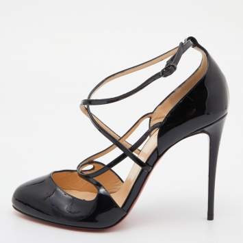 Pre Owned Christian Louboutin Black Patent Leather Soustelissimo Strappy Pumps Size 39