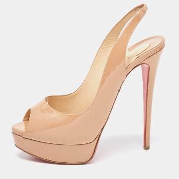 Pre Owned Christian Louboutin Beige Patent Leather Lady Peep Slingback Pumps Size 39