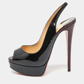 Pre Owned Christian Louboutin Black Patent Leather Lady Peep Slingback Pumps Size 38.5