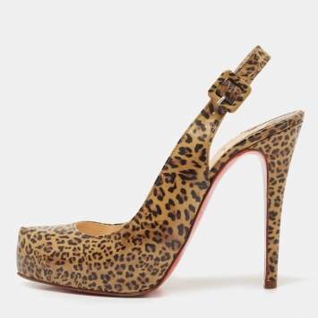 Pre Owned Christian Louboutin Brown/Black Animal Print Leather Slingback Pumps Size 38.5