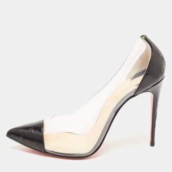 Pre Owned Christian Louboutin Black Croc Embossed Leather and PVC Debout Pumps Size 38.5