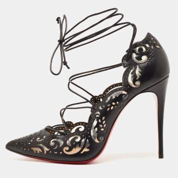 Pre Owned Christian Louboutin Black Leather and PVC Impera Ankle Tie Pumps Size 38