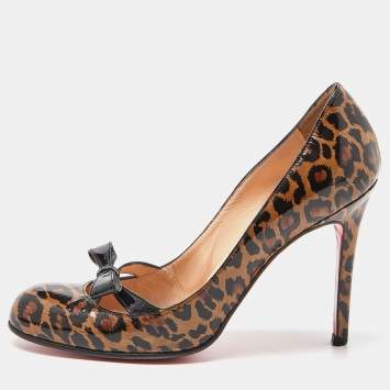 Pre Owned Christian Louboutin Brown/Black Animal Print Patent Leather Bow Pumps Size 37