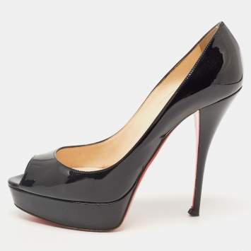 Pre Owned Christian Louboutin Black Patent Leather Troca Peep Toe Platform Pumps Size 39.5
