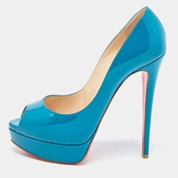 Pre Owned Christian Louboutin Turquoise Patent Leather Lady Peep Toe Platform Pumps Size 39