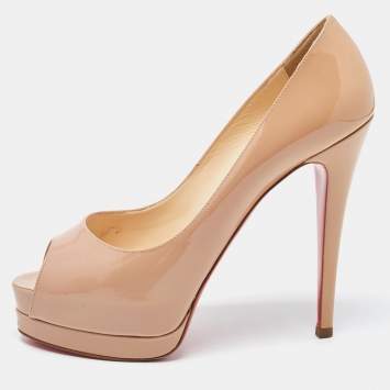Pre Owned Christian Louboutin Beige Patent Leather Altadama Peep Toe Platform Pumps Size 39.5