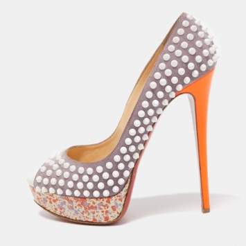 Pre Owned Christian Louboutin Multicolor Suede Lady Peep Spikes Pumps Size 39