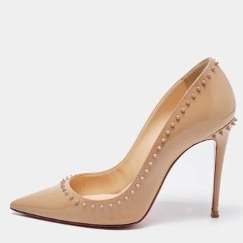 Pre Owned Christian Louboutin Beige Patent Leather Anjalina Spike Pointed Toe Pumps Size 38
