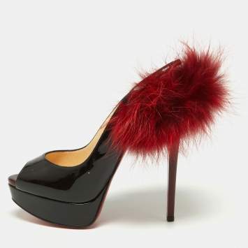 Pre Owned Christian Louboutin Black Patent Leather Lady Fur Slingback Pumps Size 39.5