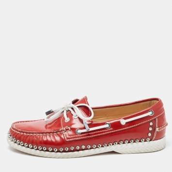 Pre Owned Christian Louboutin Red Patent Leather Steckel Spike Boat Loafers Size 40.5