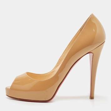Pre Owned Christian Louboutin Beige Patent Leather Very Prive Platform Peep Toe Pumps Size 39.5