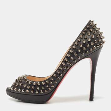 Pre Owned Christian Louboutin Black Leather Yolanda Spikes Pumps Size 37.5