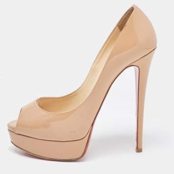 Pre Owned Christian Louboutin Beige Patent Leather Lady Peep Pumps Size 38