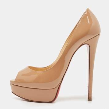 Pre Owned Christian Louboutin Beige Patent Leather Lady Peep Pumps Size 38