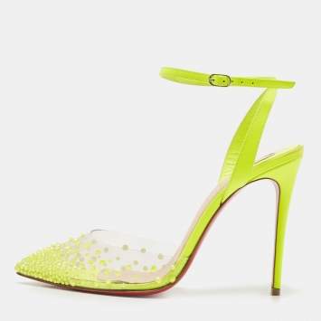 Pre Owned Christian Louboutin Green Leather and PVC Spikaqueen 100 Crystal Embellished Pumps Size 36.5