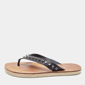 Pre Owned Christian Louboutin Black Leather Spike Thong Sandals Size 40