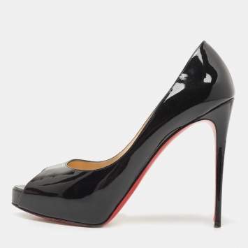 Pre Owned Christian Louboutin Black Patent Lady Peep  Pumps Size 39