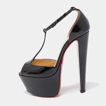 Pre Owned Christian Louboutin Black Patent Leather Peep Toe Platform T-Strap Pumps Size 35.5