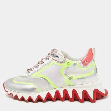Pre Owned Christian Louboutin Tricolor Leather and Mesh Spiked Loubishark Sneakers Size 38