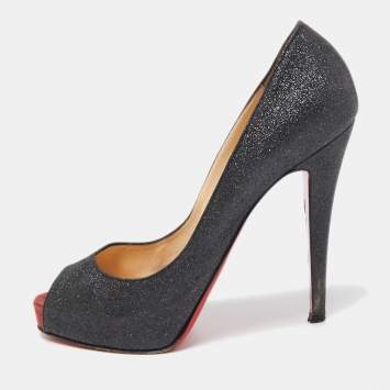Pre Owned Christian Louboutin Black Glitter Open Toe Very Prive  Pumps Size 39.5