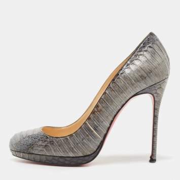 Pre Owned Christian Louboutin Grey Python Leather Round Toe Pumps Size 37.5